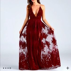 Maroon Lace Long Formal Dress with Leg Slit